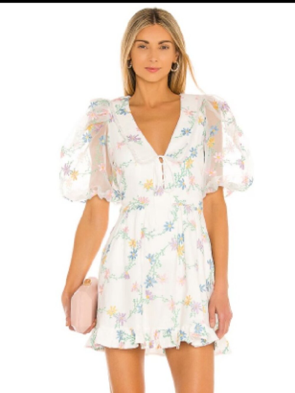 For Love & Lemons Ivory Linen Multicolor Floral Majorie Mini Dress Sz L